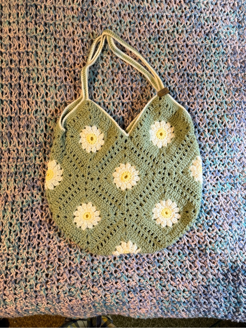 Green Crochet Daisy Tote Bag